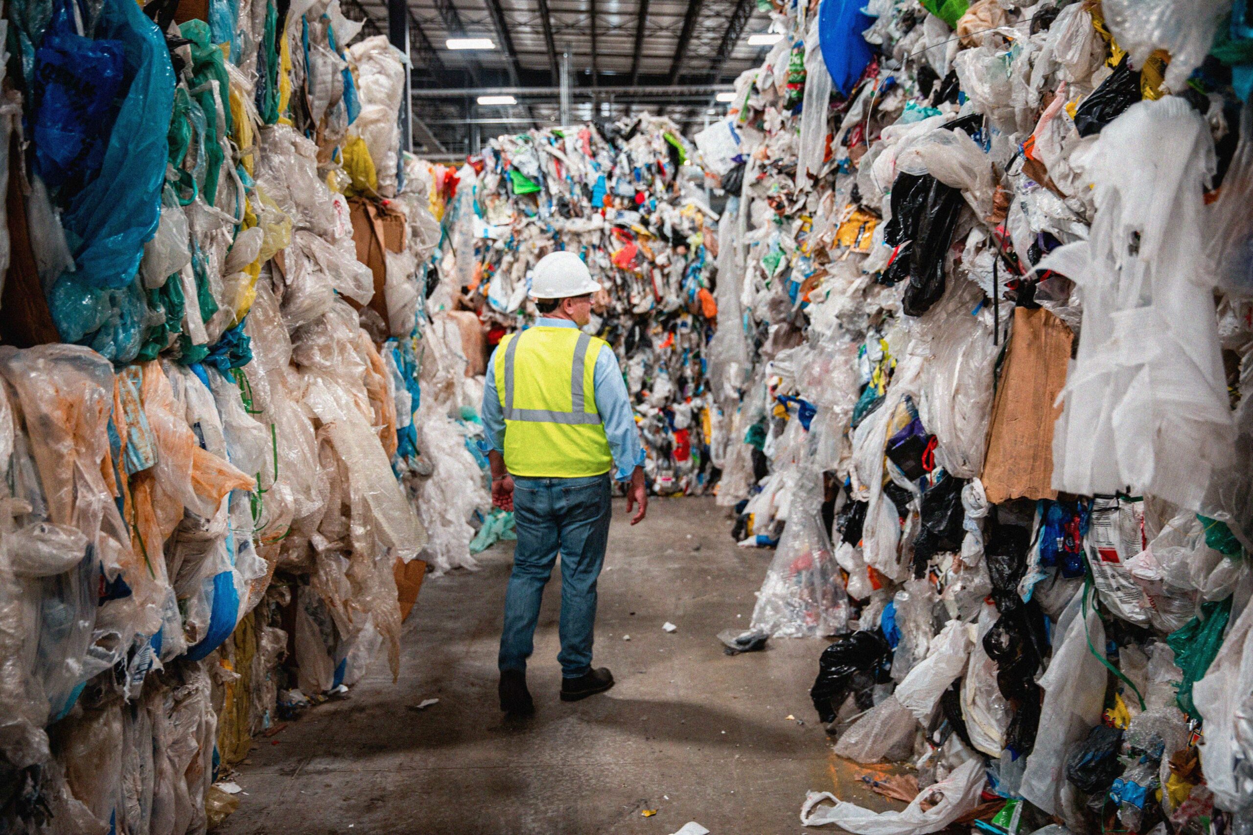 Man walking in plastic recycling center