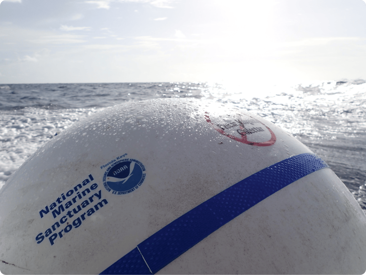 Buoy floating in the ocean with the National Marine Sanctuary Program logo on the front.