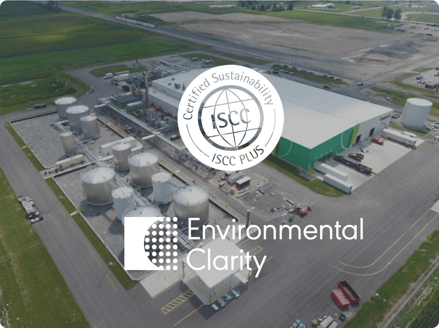 Arial image of one of Brightmark's Plastic Circularity Centers with the ISCC Plus and Environmental Clarity logos in the foreground.