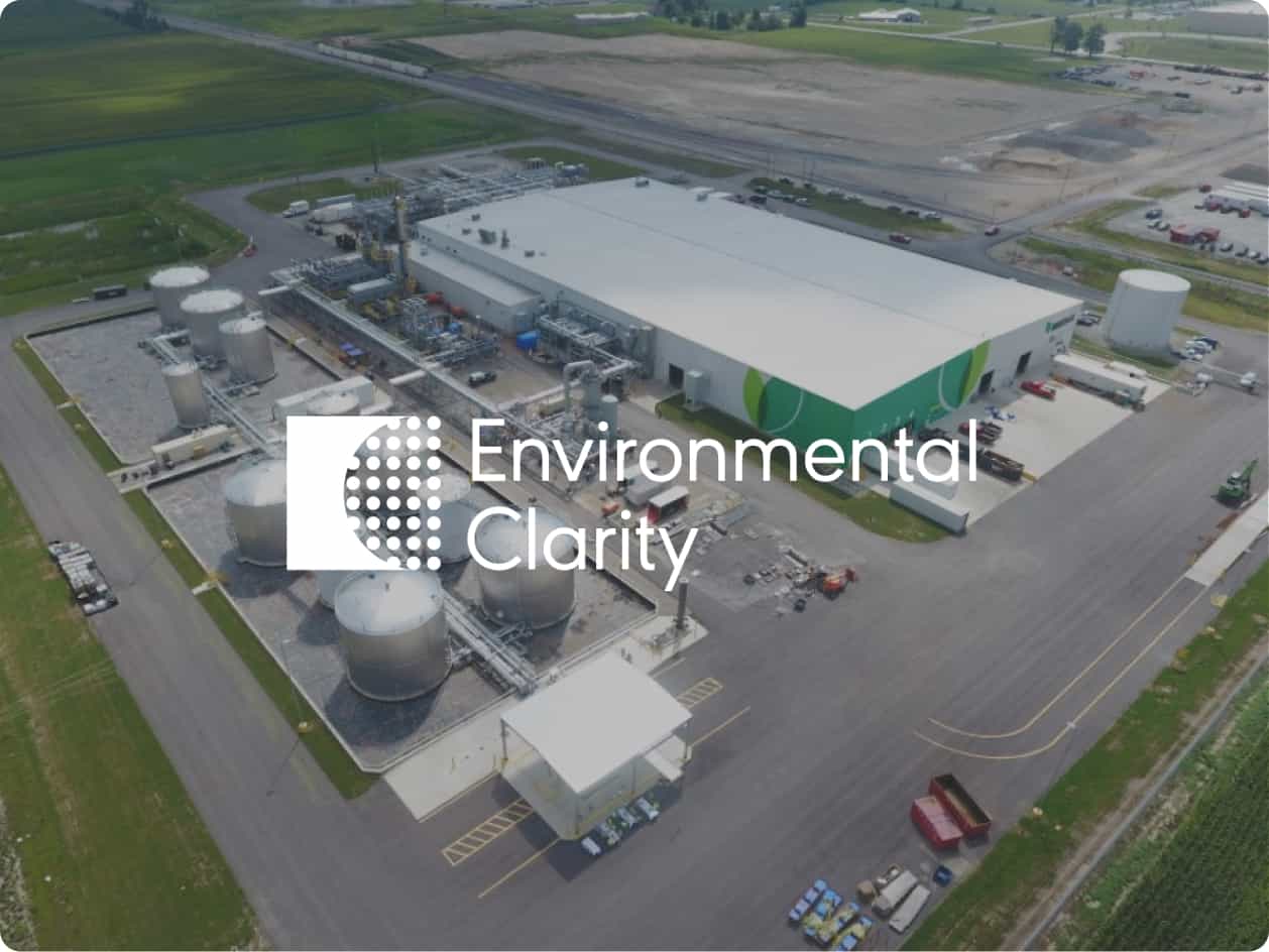 Arial view of a Plastic Renewal plant and an Environmental Clarity logo in the foreground.